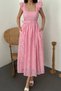 Women's Pink Square Collar Ruffle Sleeves Belted Cotton Scallop Embroidered Midi Length Flared Dress - 4
