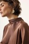 Women's Brown High Neck Long Sleeve Flowy Bat Sleeve Satin Blouse with Feathered Cuff - 4