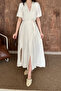 Beige Double-Breasted Collared Muslin Linen Dress - Beige - 4