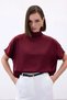 Women's Burgundy Half Fisherman High Neck Short Sleeve Satin Flowy Comfortable Fit Blouse - 7