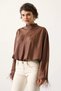 Women's Brown High Neck Long Sleeve Flowy Bat Sleeve Satin Blouse with Feathered Cuff - 2