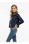 Women's Dark Blue Faux Fur Collar Detailed Buttoned Long Sleeve Denim Jeans Jacket with Chest Pockets - 3