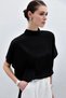 Women's Black High Neck Bat Sleeve Short Sleeve Flowy Loose Satin Fabric Blouse - 5