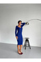 Women's Blue Square Collar Long Sleeve Ribbed Knitwear Midi Length Slim Fit Pencil Dress - 3