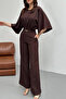 Brown Batwing Sleeve Jumpsuit with Drawstring Waist Belt and Accessories - Brown - 4