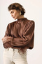 Women's Brown High Neck Long Sleeve Flowy Bat Sleeve Satin Blouse with Feathered Cuff - 6