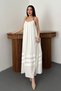 Women's Ecru Beaded Strap Casual Flowy Gathered Muslin Fabric Long Maxi Dress - 2