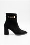 Women's Special Design Buckle Detailed Zippered Pointed Toe Mid-Heeled Black Suede Boots - 8
