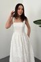 Women's White Square Collar Thick Strap Scallop Brode Embroidered Flared Skirt Long Maxi Cotton Dress - 3
