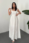 Women's White Square Collar Thick Strap Scallop Brode Embroidered Flared Skirt Long Maxi Cotton Dress - 2