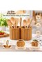Double Compartment Wicker Look Bamboo Wooden Spoon Holder Cutlery Organizer