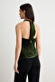 Khaki Halter Neck Velvet Blouse with Accessory Detail Tpraw27Bz00051 - 4