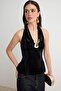 Black Halter Neck Velvet Blouse with Accessory Detail Tpraw27Bz00051 - 2