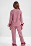 Bordo Kız Çocuk %100 Pamuk Çizgili Kadife Kurdeleli Baskılı Anne-Kız Pijama Takımı TKDAW27PT00049 - 8