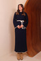 Women's Maxi Length Crew Neck Sleeves Shepherd Stitched Belted Hijab Knitwear Dress 8525 Navy Blue - 6