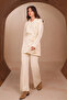 Women's Polo Collar Gold Buttoned Waist Belted 2-Piece Knitwear Hijab Set 8410 Ecru - 4