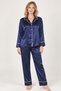 Women's Navy Blue Satin Long Sleeve Pajama Set - Two Piece Set with White Piping and Button Detailing - 6