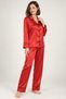 Women's Red Satin Long Sleeve Pajama Set - Two-Piece Suit with Black Piping and Button Detailing