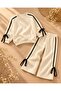 Girl's Cream Black Ribbon Trim Pendant Detailed Striped Oversize 3 Thread Trend Sweatshirt - Sweatpants Set