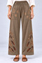 Women's Coffee Color Embroidered Washed Linen Wide Leg Pants - 2