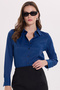 Women's slim fit, body-hugging navy blue shirt with classic collar, long sleeves, and lycra detail.
