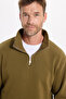 Unisex relax fit comfortable cut cotton fleece lined half zip green high neck sweatshirt - 3