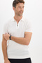 Men's Slim Fit 100% Cotton Knitted Knitwear Zippered White Polo Collar T-Shirt - 4
