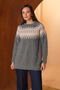 Women's crew neck geometric jacquard jazz yarn knit sweater 8435 grey - 3