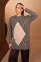 Women's Crew Neck Diamond Patterned Oversize Jazz Yarn Knitwear Sweater 8437 Gray - 2