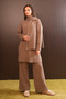 Women's Button Detailed Vertical Ribbed Shawl Hijab Knitwear Set 8583 Mink - 7