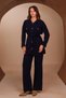 Women's Polo Collar Gold Buttoned Waist Belted 2-Piece Knitwear Hijab Set 8410 Navy Blue - 4