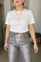Metallic Gray Shiny Textured Cross Closure Wide Leg Silver Jeans - 2