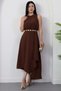 Crew Neck Chain Belted Crepe Dress Grs3992 - 5