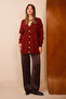Women's V-Neck Bronze Buttoned Bearded Knitwear Cardigan 1142 Claret Red - 6
