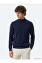 Navy Blue Half Turtleneck Plain Knit Wool Blended Sweater