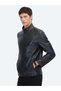 Black Regular Fit Stand Collar Sheepskin Leather Coat - 3