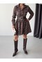 Women's Plaid Patterned Buttoned Leather Belted Mini Dress - 3