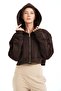 Crop Hooded Zippered Kangaroo Pocket Raised Hoodie Bitter Coffee Women's Sweatshirt - Lumen