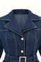 Double-Breasted Collar, Buttoned Belt Detail, Navy Blue Denim Dress - 4