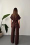 Women's Brown V-Neck Short-Sleeved Buttoned Belted Wide-Leg Pants Linen Double Bottom Top Set - 5