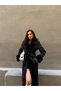 Women's Black Fur Collar, Fur Cuffs, Waist Belted Long Cashmere Coat - 3