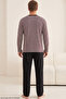 Plum Stripe Patterned Cotton Knitted Pajama Set 8092 - 3