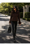 Women's Brown Cashmere Jacket Fur-Look Collar Voluminous Fur Cuff Gold Zipper Pocket - 4