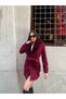 Women's Burgundy Belted Waist Fur Collar Fur Cuff Short Cashmere Coat