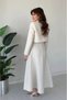 Women's White Tweed Fabric Long Sleeve Crop Jacket Flared Long Skirt Top and Bottom Set - 4
