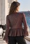 Women's Brown Glitter Fabric Skirt Hem Gathered Lined Jacket Arm-27K001024 - 2