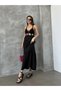Women's Black Rope Strap V-Neck Crochet Knit Motif Detailed Ruffled Maxi Long Dress - 4