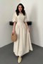 Women's Beige Crew Neck Balloon Short Sleeve Pleated Waist Linen Textured Flared Maxi Dress