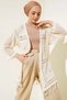 Women's Cream Perforated Openwork Knitwear with Tassels, Long Sleeves, Motif, Flowy Loose Cardigan - 2