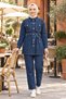 Women's Stone Detailed Tunic Trousers Double Dark Blue Denim Set - 6